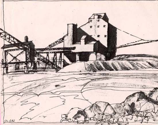 Drawing rendition of green washer plant, West Shore Road, 1982, by Donald Sclare